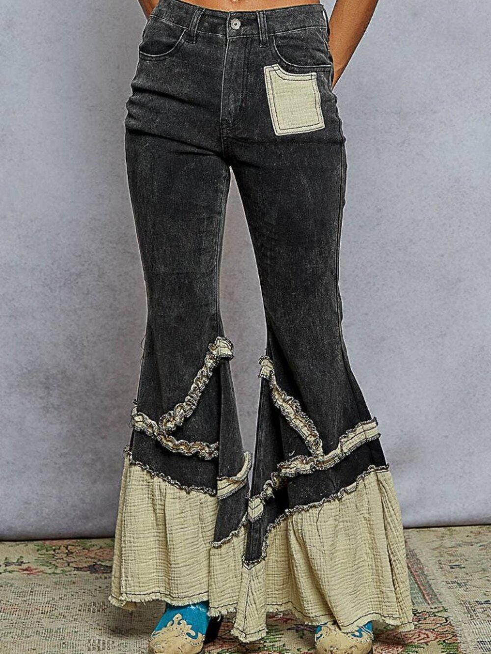 NWT POL Vintage Washing Solid Double Gauze Ruffle Twill Pants Black & Tan